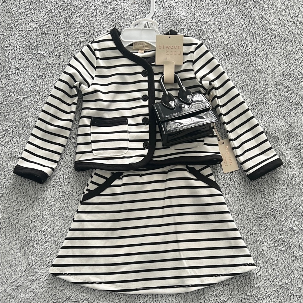 btween baby Black and White Striped Matching Set with Purse, 18 months